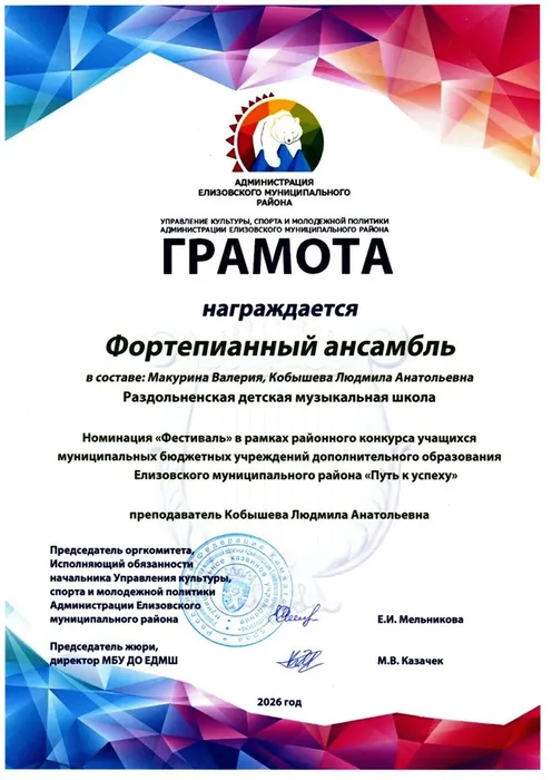 Грамота фортепианный ансамбль Кобышева Людмила, Макурина Валерия